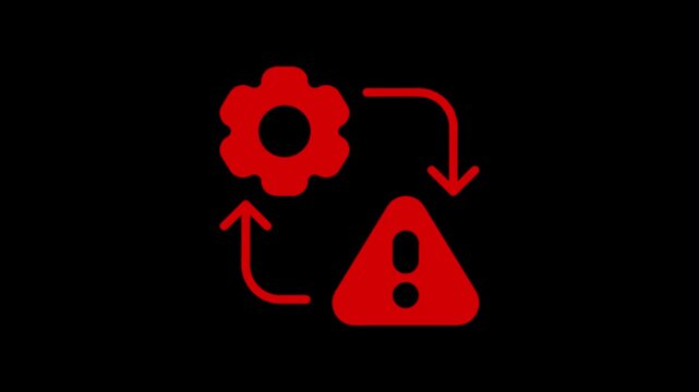 Red gear and warning triangle with arrows indicating process flow and error alert system alert