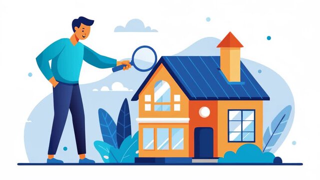 Person inspecting a house with a magnifying glass in a colorful outdoor setting flat 2d animation