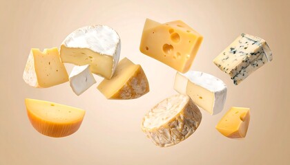 Various types of cheese slices in mid-air
