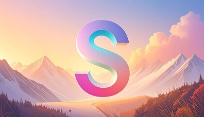 Vibrant capital letter "S" against a landscape of mountains and clouds