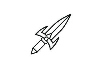 Simple line drawing shows a fantasy sword with unique hilt