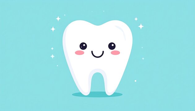 Cute cartoon tooth on a light teal background