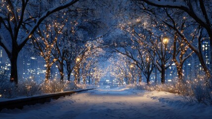 soft blue and gold lights wrap around branches creating a serene atmosphere along a snowy walkway with distant city lights enhancing the peaceful winter scene