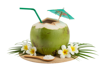 Refreshing coconut drink with straw and umbrella, adorned with tropical plumeria blossoms