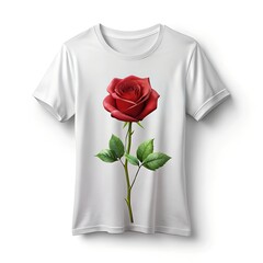 White tshirt with a realistic red rose graphic print, isolated on a clean white background