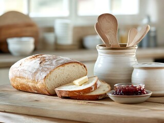 Crusty homemade bread slicing, spreading creamy butter and sweet jam, presenting rustic breakfast goodness