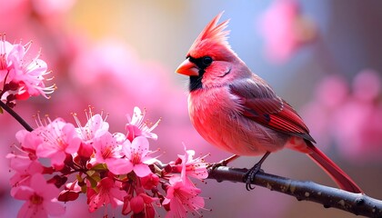 Vibrant cardinal amidst blossoming spring trees