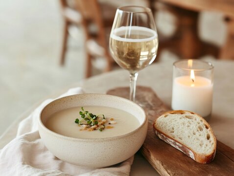 Bowl of creamy soup garnished with microgreens rests on a table alongside white wine, bread on a wooden board, and a lit candle, creating a cozy restaurant ambiance - Powered by Adobe