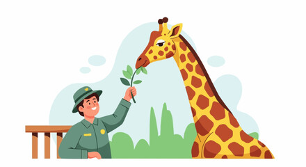 World animal day  giraffe feeding illustration at the zoo with zookeeper vector art for educational content and wildlife conservation vector