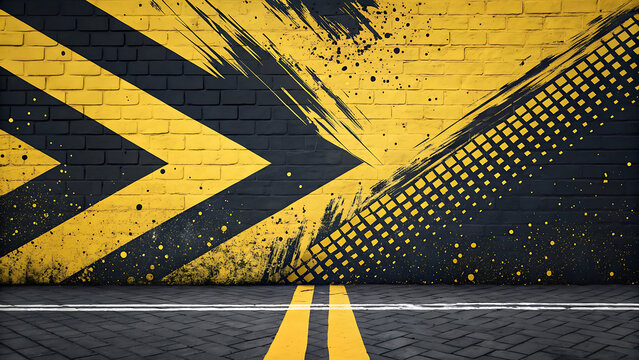 Yellow and Black Brick Wall with Geometric and Abstract Patterns Grunge Urban Style Backdrop Background