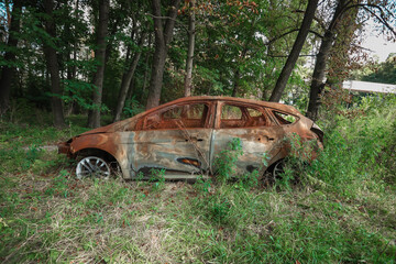 Side view of an abandoned burnt-out car wreck in the forest, covered with rust and surrounded by overgrown grass. Symbol of decay, neglect, and destruction.