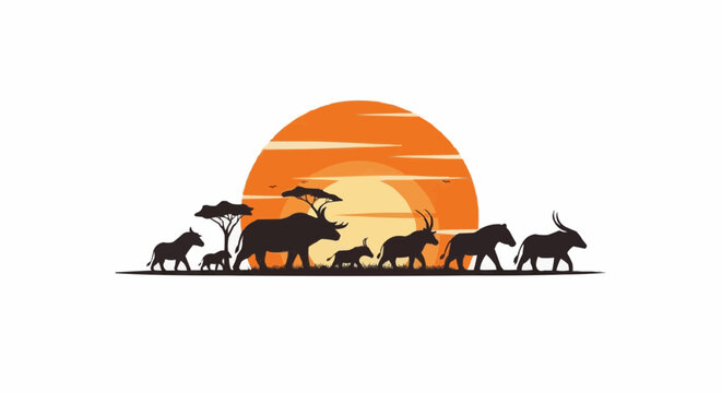 World animal day  african safari animals silhouette vector illustration sunset background wildlife scene landscape design concept vector