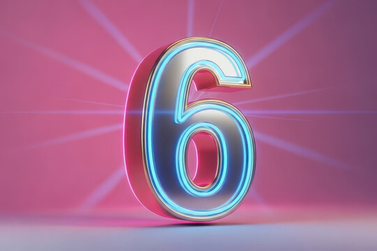 Shiny Metal Number Six With Neon Blue Outline And Pink Starburst Background