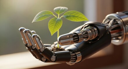 Mechanical symbiosis, depicting a robotic hand nurturing a small plant shoot with care and precision