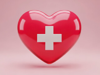 Obraz premium A Glossy Red Heart Shape With a White Cross Symbol Representing Health and Safety