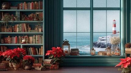 christmas bookshelf background of interior home library study virtual room window of tropical ocean beach aqua blue water poinsettia holiday flowers online presentation teams meeting backdrop