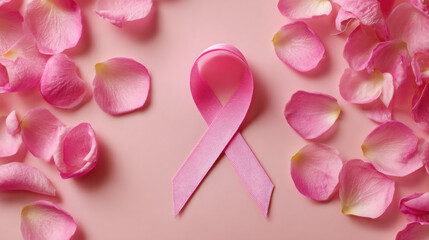 Pink ribbon surrounded by rose petals symbolizes breast cancer awareness and support in a delicate and elegant manner
