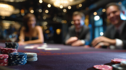 Casino guests enjoy a lively poker game at an upscale gambling venue during the evening, surrounded by elegant decor and atmospheric lighting