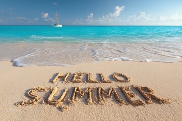 Hello summer message written in the sand on a tropical beach