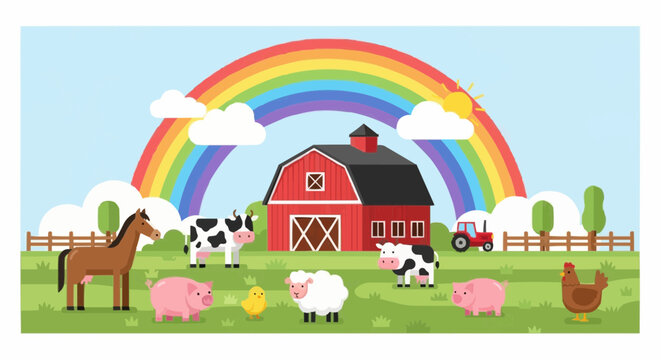 World animal day  farm animals illustration with barn, rainbow, tractor, cow, horse, pig, sheep, and chicken vector design vector