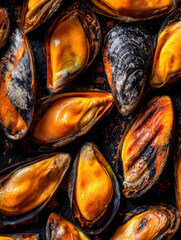 Freshly cooked mussels served on a dark textured plate, showcasing their vibrant orange and black shells, appealing to seafood lovers at dinner time