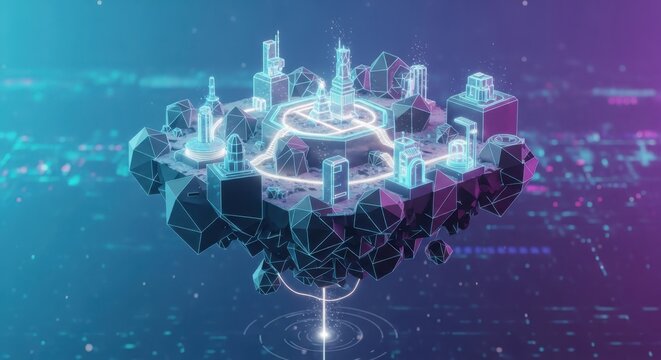 Abstract floating city in digital space with glowing lines and geometric shapes providing a