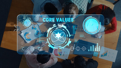 A dynamic view of a team collaborating in a modern workspace, emphasizing core values and utilizing data analytics to drive business success and innovation. Trope