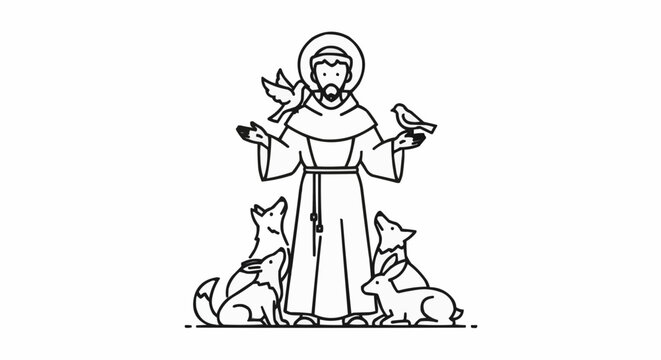 World animal day  saint francis of assisi illustration with animals vector art religious figure line drawing catholic saint design vector