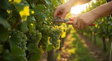Vineyard close-up of grapes being harvested by hand
