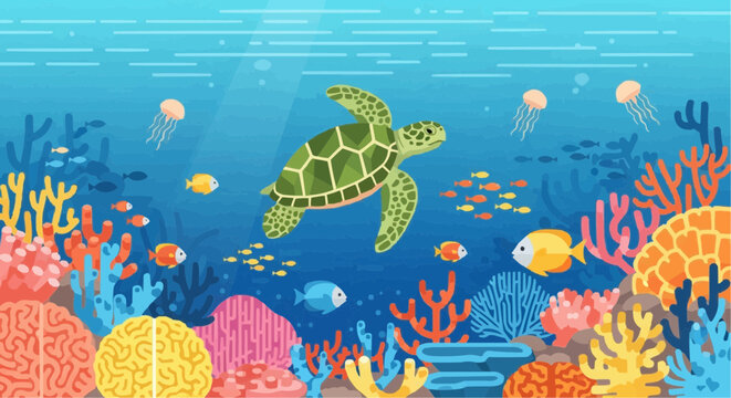 World animal day sea turtle swimming in ocean with coral reef and marine life illustration for conservation awareness campaign vector