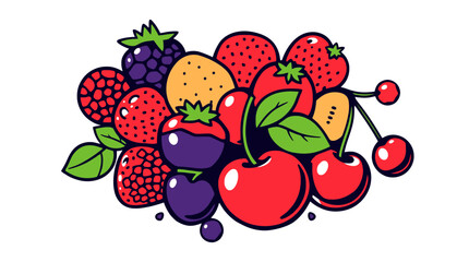 An illustration of a colorful assortment of fresh fruits, including strawberries, cherries, raspberries, blackberries, and a yellow fruit.