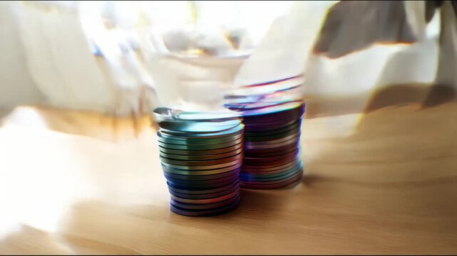 A stack of colorful metallic discs neatly arranged on a wooden table in a home interior, with several discs beginning to rise into the air, creating a levitation effect