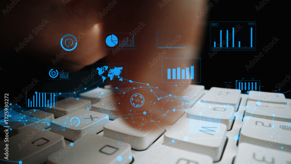 Poster Close-up image of a finger typing on a keyboard, overlaid with digital data visualizations including graphs, charts, and a world map, depicting a modern workspace. Xenic