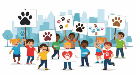 World animal day  animal rescue kids march for animal rights and welfare with paw print signs in city background illustration vector