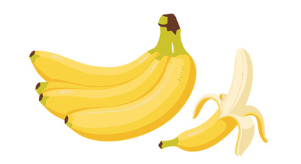 A cluster of ripe bananas, some intact, and one peeled, isolated on white.