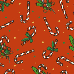 Hand-drawn seamless Christmas pattern with candies decorated with bows and fir twigs on a red background.