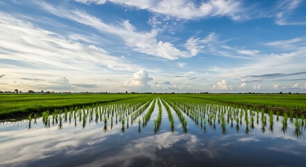 Tranquil Paddy Field Mirror Effect under Bright Sky