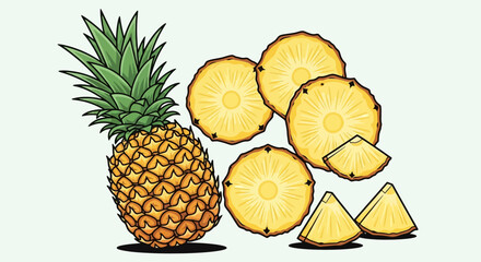 A whole pineapple and various slices arranged against a light background, showcasing the fruit's texture and segments.