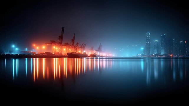 Busy Port Logistics Container Loading and Unloading Operations at Night
