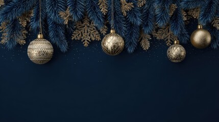 christmas decoration background display concept design with festive garland gold baubles dark blue backdrop winter holiday elegant scene illustration idea