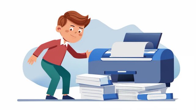 Boy looking surprised as paper spills from printer in an office setting during the day flat 2d animation