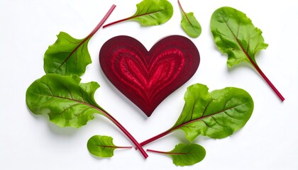 Heart-shaped beet slice surrounded by beet greens on a clean white background