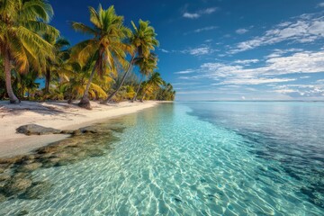 Fototapeta premium Idyllic tropical beach paradise with palm trees and crystal clear turquoise water