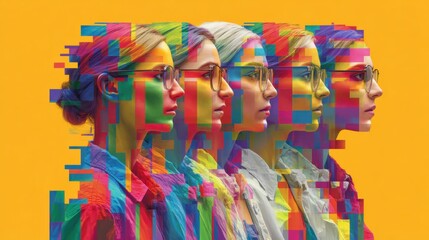 Fototapeta premium Vibrant Portrait Series Showing a Woman With Glasses in Colorful Glitch Art Style Against a Bright Yellow Background