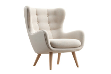 Naklejka premium Modern beige armchair with wooden legs and tufted backrest design, cut out