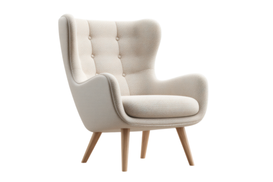 Modern beige armchair with wooden legs and tufted backrest design, cut out