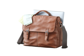 Brown leather messenger bag with paper and laptop partially exposed, cut out