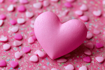 Obraz premium Pink heart shaped decoration surrounded by smaller heart candies on a vibrant pink background during a festive occasion