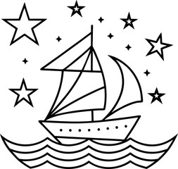 Dreamlike Boat Sailing Through Stars Illustration on Transparent Background