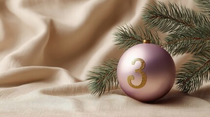 A pink Christmas ornament with the number three sits on a soft beige fabric, surrounded by green pine branches and a sprinkle of golden glitter.